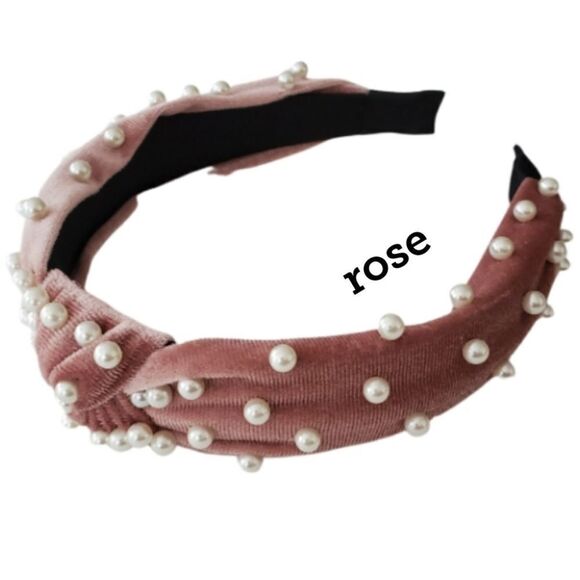 CHOOSE YOUR COLOR Pearl Studded Top Knot Velvet Headband NEW - Picture 5 of 9